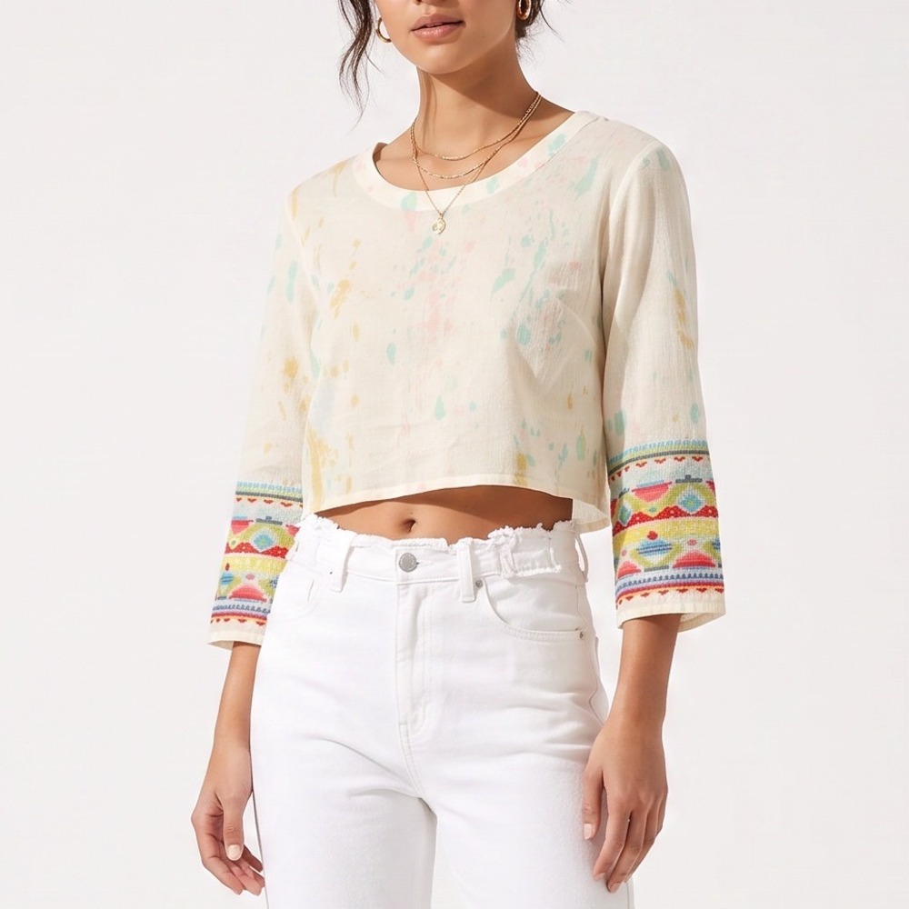 Billabong Crop Top Womens S Cream Watercolor Embroidered Cuffs Exc